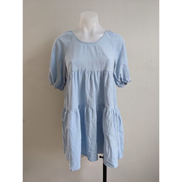 Amorini Size XS Baby Doll Tiered Shift Dress Light Blue Cotton Short Sleeves - Picture 5 of 14